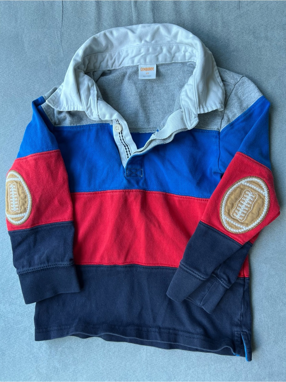 Gymboree Size *4 / 5* Blue/Red/Navy Striped Rugby Shirt w/ FOOTBALL arm patches